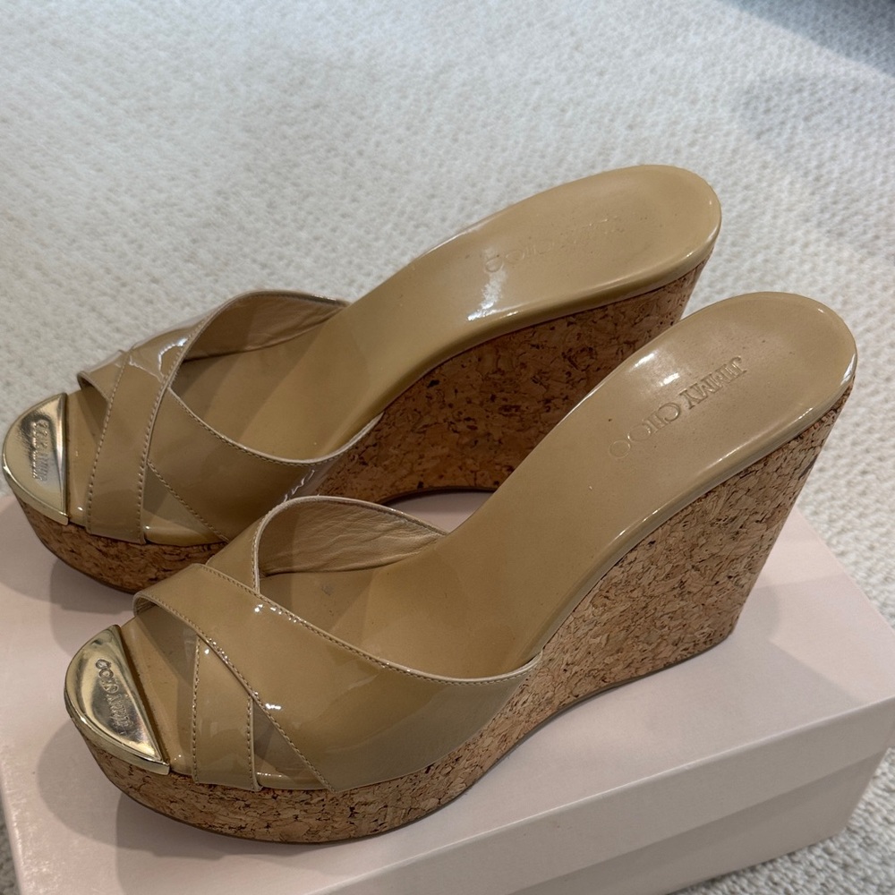 Jimmy Choo Tan Patent Wedge Sandals